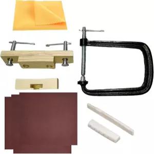 ZQEUXBE 어쿠스틱 기타 브리지 클램프 수리 도구 키트에는 유지보수 고정 1개 나무 다리 샌드페이퍼 9개