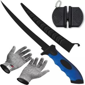 생선 필레 나이프 7인치 전문 낚시 세트 스테인리스 스틸 칼날 연마기 및 절단 저항 장갑 포함 야외용