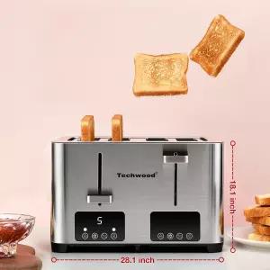 토스터 4 슬라이스 테크우드 스테인리스 스틸 와이드 솔트(LED 디스플레이 및 6가지 그늘 설정 포함)