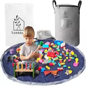 포켓 라벨이 있는 휴대용 장난감 보관 바구니 및 놀이 매트 - 9.3갤런 정리함 가죽 손잡이 60인치 소년