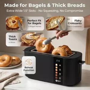 발터 토스터 4 슬라이스 와이드 슬롯 베이글 기능 긴 스테인리스 스틸 터치 스크린 내장 랙 두꺼운 빵과