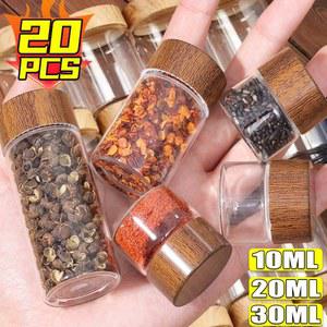 10 20 30ML 미니 항아리 유리 용기 커피 DIY 튜브 휴대용 저장 뚜껑이있는 투명 나무 양념