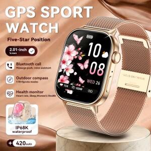 2026년형 GPS 위치 추적 스포츠 스마트워치 여성 패션 2.01인치 화면 IP68K 방수 수영 블루투스 통화 건강