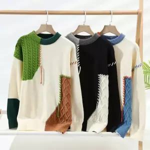 남성 패치 니트 오버핏 보온 아우터 겨울 컬러블록 스웨터 가을 케이블