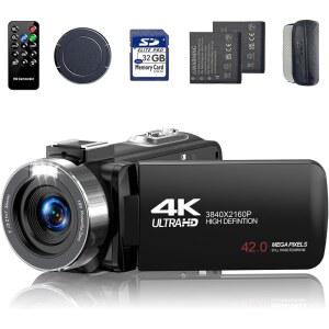 캠코더 비디오 카메라 4K 42MP 2개 카드가 270 스크린 회전 SD 디지털 배터리 18배 32G 코더 리모컨 브이로그 유튜브용 카메라 포함된