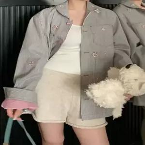 여성용 청 가을 빈티지 칼라 자캣 코트 자켓 스트라이프 부드럽고 큐빅 편안한 admr3