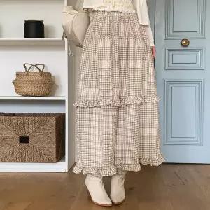[하프클럽/]여성용 로맨틱 체크 패턴 프릴 롱 스커트 나들이용 여리핏