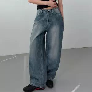 여자 로우 스트라이프 워싱 와이드진 중청 벌룬 청바지