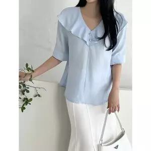 [하프클럽/샵앤]국산 여성 프릴 V넥 정장 출근룩 반팔 블라우스 REI-WBL-5173-소