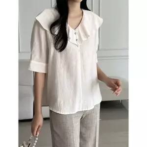 [하프클럽/샵앤]국산 여성 프릴 V넥 정장 출근룩 반팔 블라우스 REI-WBL-5173-크