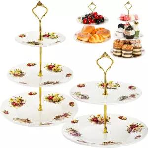 Mezchi 2팩 컵케이크 스탠드, 3단 및 2단 도자기 디저트 스탠드, 빈티지 꽃무늬 엠보싱, 결혼식, 생일, 티