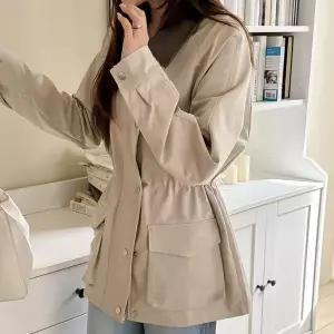 [하프클럽/]여자 폴리 오버핏 허리스트링 배색카라 자켓