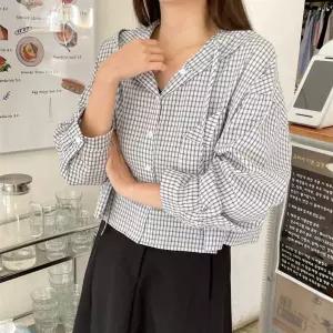 여자 루즈핏 면 세미크롭 체크 후드 셔츠