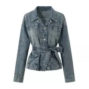 [하프클럽/지지피엑스]빈티지 데님 오픈 카라 허리 스트랩 자켓 (GQAJK010D)