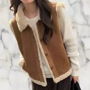 여성용 겨울 따뜻한 레이어드 양털 카라 무스탕 조끼 (46844685)