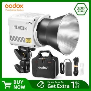 Godox ML60II BI 2800K -6500K LED 비디오 라이트 무소음 모드 휴대용 밝기 조정 지지대 리튬 이온 야외 업