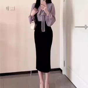 원피스 여성용 정장세트 봄철 레이어드 프렌치메이드 힙스터 롱스커트 세트 원픽1