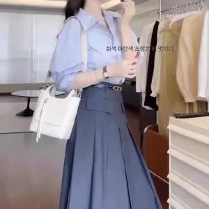 치마 여성용 봄 투피스 차가운 이른 계열의 세트 커리어 우먼 셔츠 스트라이프 정장세트 원픽1