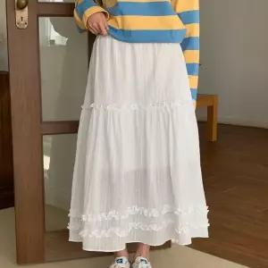 [다잇템] 여자 화이트 벚꽃룩 프릴 후레아 티어드 여성스러운 롱스커트