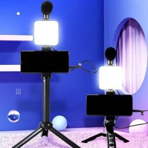 휴대용 데스크탑 간편 휴대폰 거치대 라이브 스트리밍 마이크 삼각대 키트 LED 조명 모든 스마트폰 녹화 마