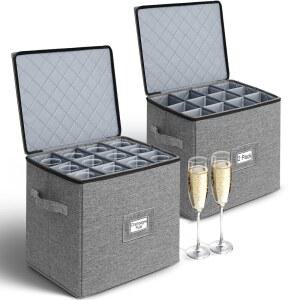 푸네미 샴페인 플루트 보관 용기 2팩 와인 유리 상자 하드쉘 상단 하단 및 측면 칸막이 화이트 스템웨어용 스태커블 제품