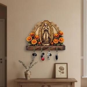 2D 평면 금색 성모 마리아 열쇠고리 가정용 벽걸이 종교 장식품 벽 예술 기도하는 후크 포함