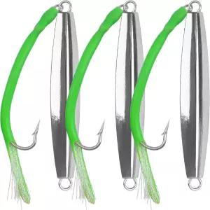 낚시 지그 소금물 미끼 튜브 후크가 달린 다이아몬드 3개 스트라이프 베이스 숟가락 심해 서핑 헤비메탈