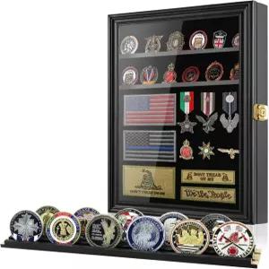 에는 수집가용 케이스 벽 프레임 군용 챌린지 동전 홀더 핀 탈착식 선반이 있는 잠금식 섀도우 박스 블랙이