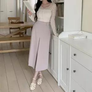 여자 비조 앞주름 뒷밴딩 스판 롱스커트