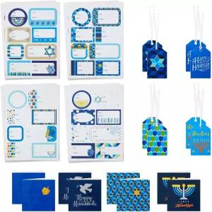 리본 스티커 씰 미니 노트 카드다비드 메노라 드레이델 블루 골드 오렌지의 별가 포함된 Hallmark Tree
