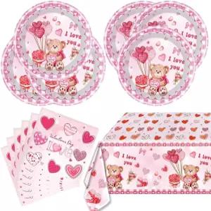 발렌타인데이 식기 세트 접시 20개 냅킨 및 식탁보 70.8인치 x 42.5인치 핑크 하트 파티 장식 용품