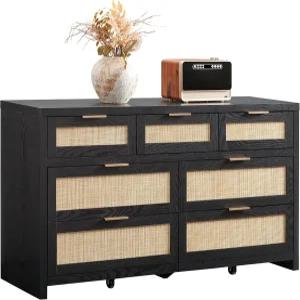 침실용 SICOTAS 7 서랍장 57인치 와이드 라탄 대형 TV 스탠드 보호 옷장 정리함블랙 오크 7개1개
