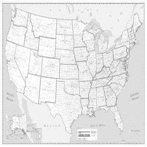 멋진 올빼미 지도 미국 카운티 월 포스터 36 Wx24 H 종이 블랙/화이트