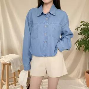 여성 루즈핏 크롭 데님 포켓 셔츠 자켓