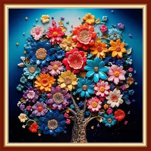 펀스부트 스탬프 크로스 스티치 키트 초보자용 자수 11CT 패턴 니들포인트 인쇄 컬러풀 플라워 트리 18x18