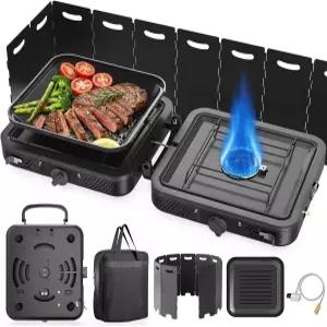 2 버너 캠핑 스토브 프로판 그릴이 있는 휴대용 17500 BTU 캠프 가방이 접이식 윈드스크린 및 그릴 팬 조절
