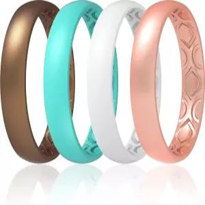 ThunderFit 여성 통기성 영원 패턴 실리콘 결혼 반지 기념 밴드 4mm 너비 1.5mm 두께 4팩