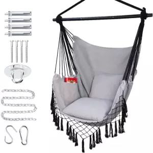 피르니 해먹 의자 걸이 로프 스윙 최대 450파운드 포켓이 있는 대형 쿠션 2개 탈착식 스틸 바 하드웨어