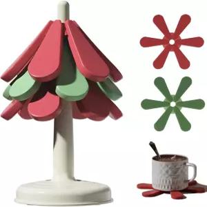 뜨거운 요리용 실리콘 트리벳 크리스마스 트리 모양 세트 보온 접시 식품 등급 테이블 장식 3개와 스탠드