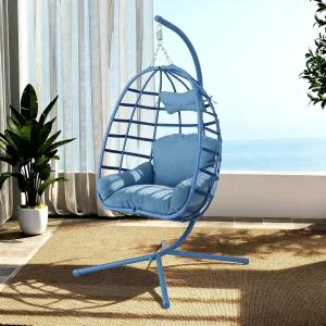 스탠드 야외 파티오 라탄 스윙 해먹 의자와 세탁 가능한 쿠션 350파운드 용량의 PE 위커 의자가 있는 행잉