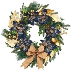 현관문용 가비홈 24인치 크리스마스 화환 리본이 달린 프리라이트 금박과 공 장식 창문 벽 맨텔 파란색