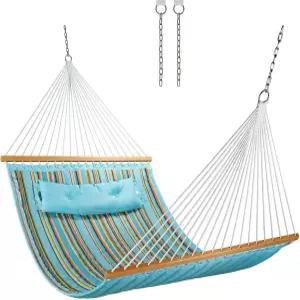 야외 파티오 뒷마당 풀사이드를 위한 12피트 더블 퀼팅 패브릭 해먹 스프레드바 및 베개 450파운드 무게