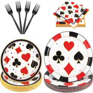 코호리 96피스 카지노 테마 식기 세트 종이 접시 냅킨 포크를 포함한 포커 파티 용품 24명의 손님에게 카드