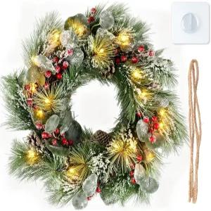 조명이 있는 돔스타 24인치 크리스마스 화환 솔방울이 달린 대형 야외 방수 베리 클러스터가 파티 홈 현관