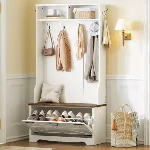 벤치가 있는 후브로 홀 트리 코트 랙과 신발 캐비닛이 입구 벤치 플립 서랍 정리함이 농가 머드 룸 화이트