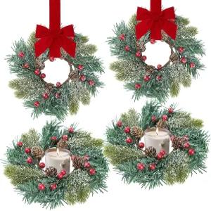 Sggvecsy 4개 크리스마스 캔들 링 노퍽 파인 화환 테이블 중앙 조각 인조 레드 베리 파인콘 작은 주방