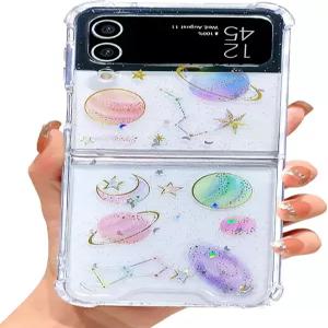 삼성 갤럭시 Z 플립 4 5G 케이스 클리어 디자인 귀여운 플로럴 스타즈 문 글리터 반짝임 TPU 및 PC 투명