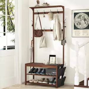 벤치와 신발 보관함이 있는 앰비더 홀 트리 입구 벤치 천 가방이 6in1 코트 랙 12 후크 튼튼한 대나무