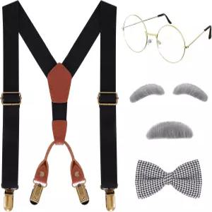 cnomg 5 PCS 노인 의상 100일 학교 할아버지 보타이 콧수염 안경 멜빵 1920년대 드레스 업