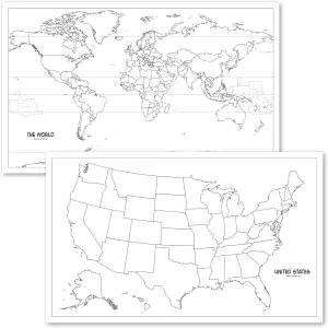 2팩 미국 및 세계 지도 빈 윤곽 포스터 적층 18인치 x 29인치 습윤 삭제 마커만 해당